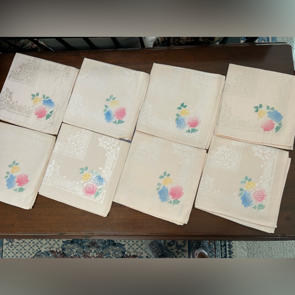 Lot/8 Floral Damask NapkinSet, pale pink w/flowers Handpainted in Japan. Vintage